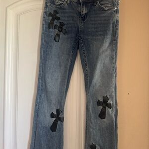 Classic Blue Straight Leg Jeans with Black Cross Details